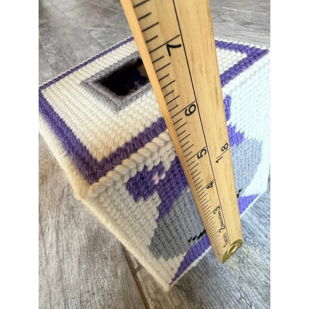 Handmade Hippo Needlepoint Tissue Box Cover Cottagecore Yarn Folk Art Home Decor